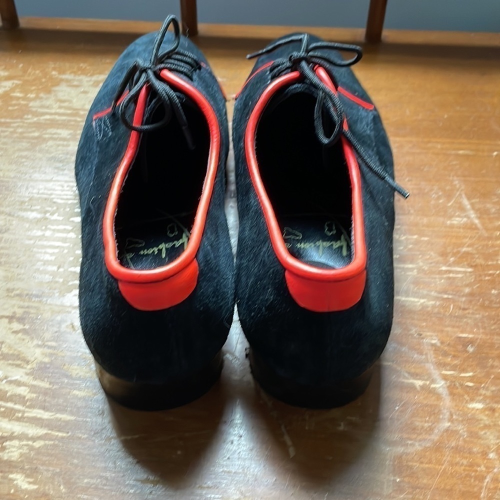 Adorable Black Suede Ankle Shoes with Neon Coral Highlights - Picture 3 of 7